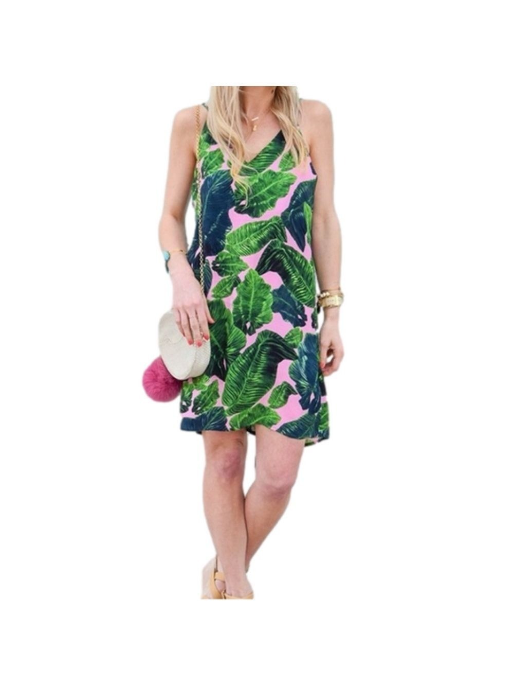 TOPSHOP Pink & Green Tropical Palm Print Sundress Size 2